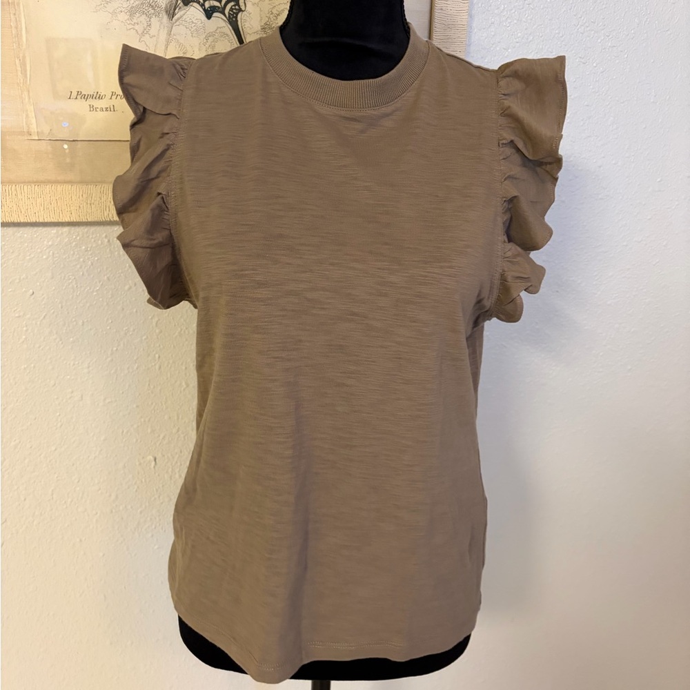 bishop + young Flutter Sleeve Tan Blouse Size Small